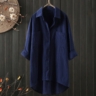 Cotton linen cardigan double pocket long-sleeved top - VERSO 