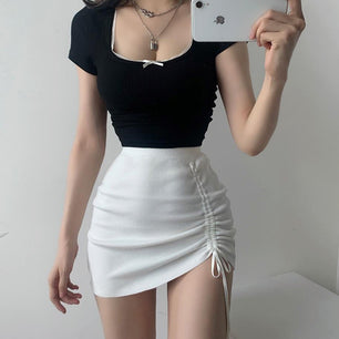 High Waist With Straps Stretch Knitted Women's Skirt - VERSO 