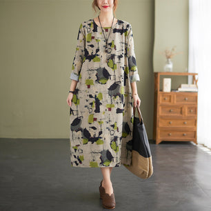 Cotton Linen Vintage Floral Print Dresses For Women - VERSO 